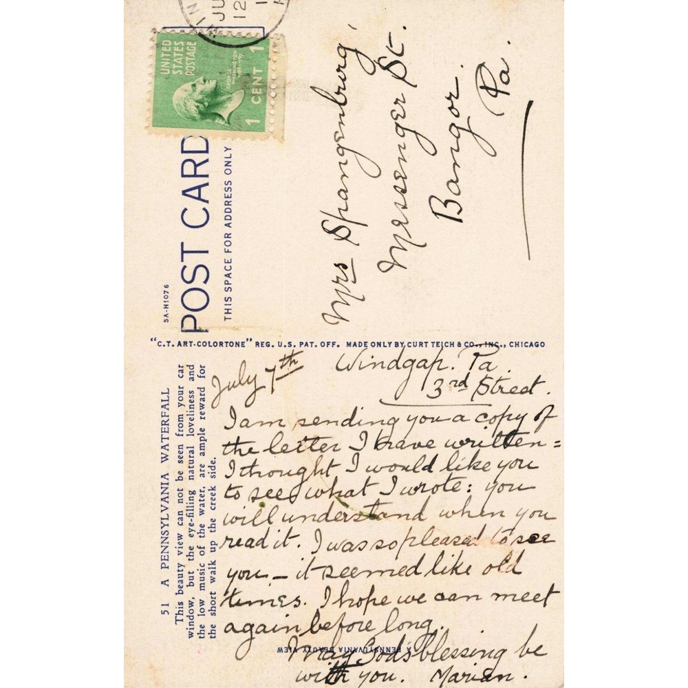 Vintage 1935 Pennsylvania Waterfall Linen Postcard C.T. Art-Colortone Wind Gap - Picture 2 of 2